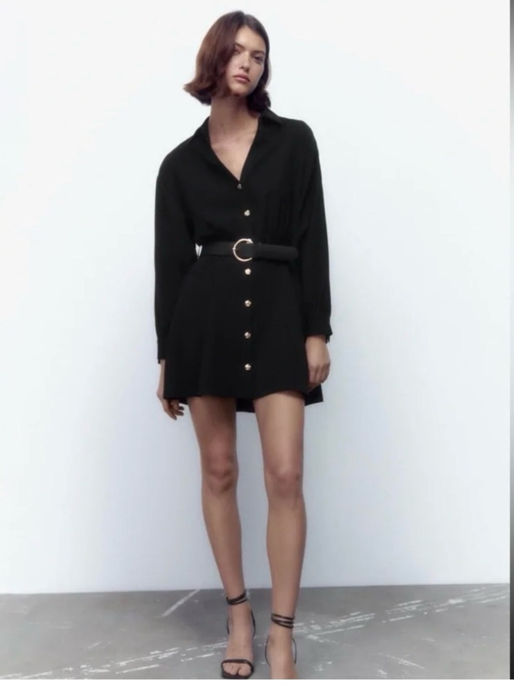 Zara Black Button-Front Shirt Dress with Belt